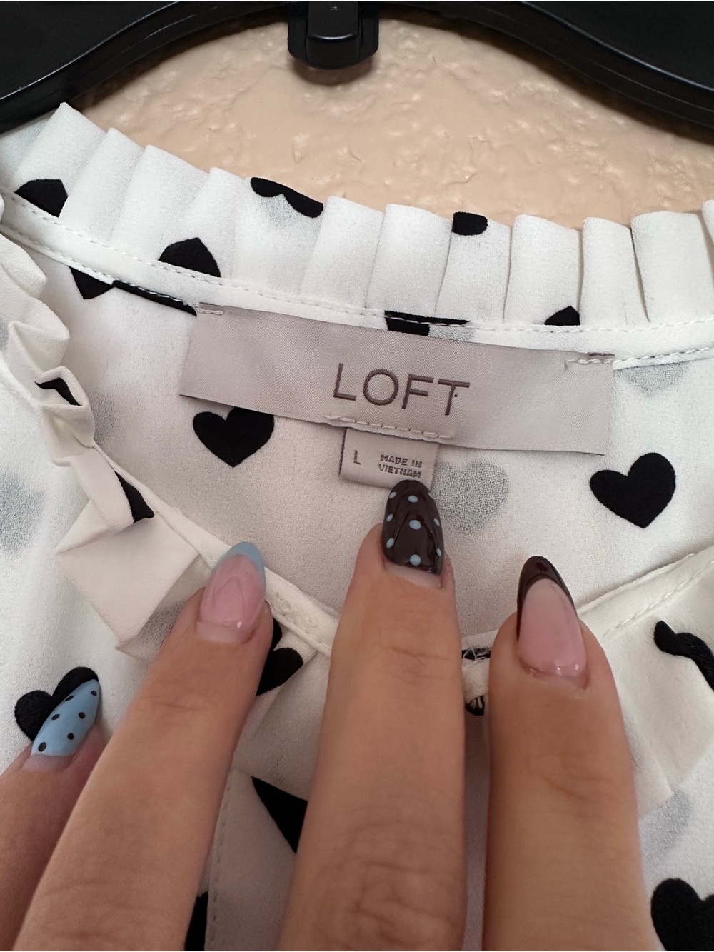 LOFT White Blouse with Black Heart Print Long Sleeves - Picture 3 of 5